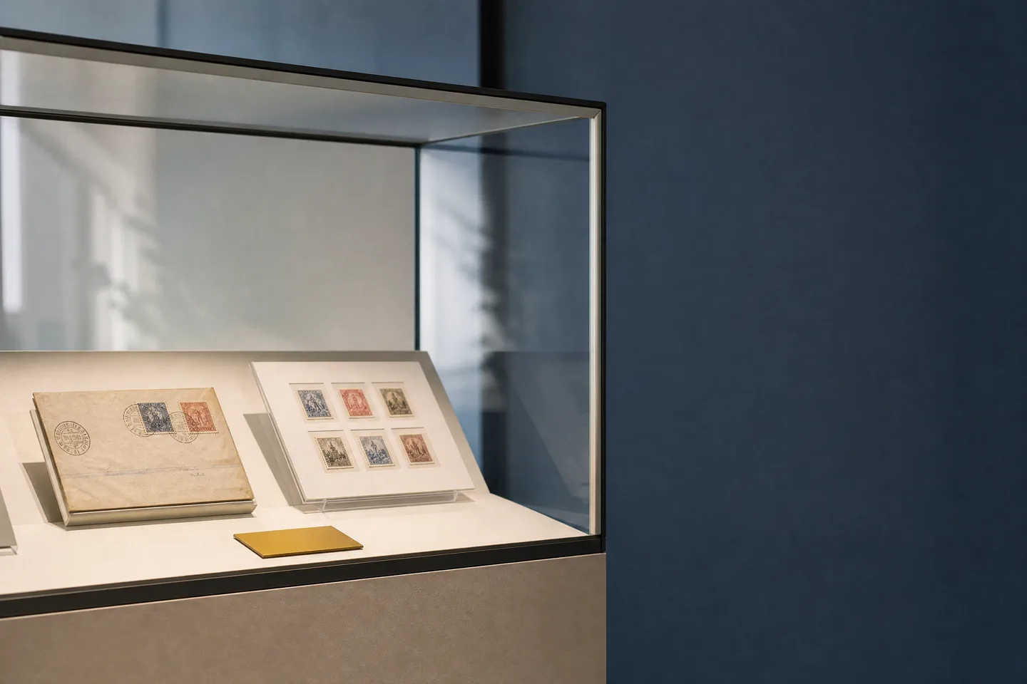 Vitrina de museo con materiales postales
